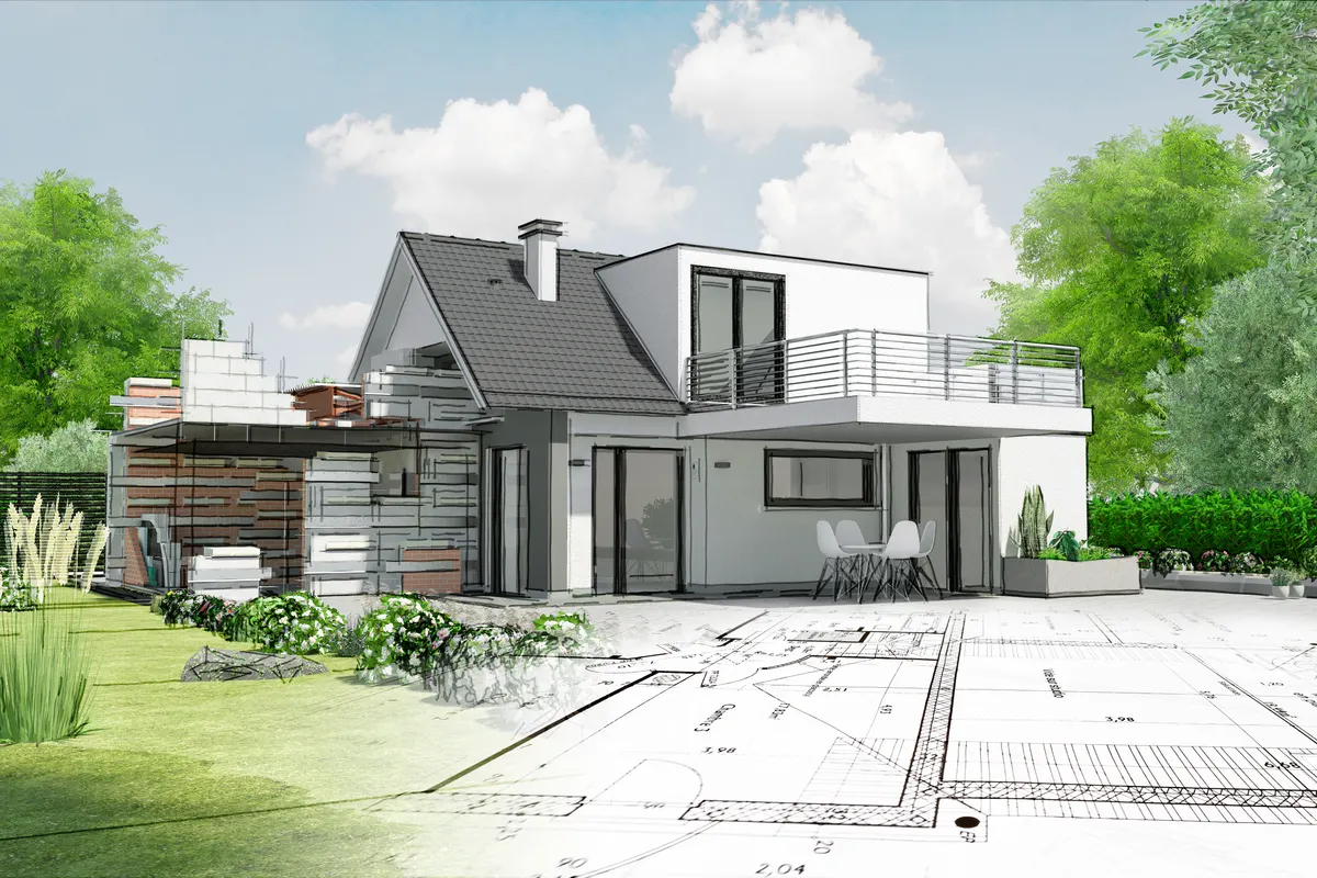 Plan d’architecte et perspective de la maison qui en est issue
